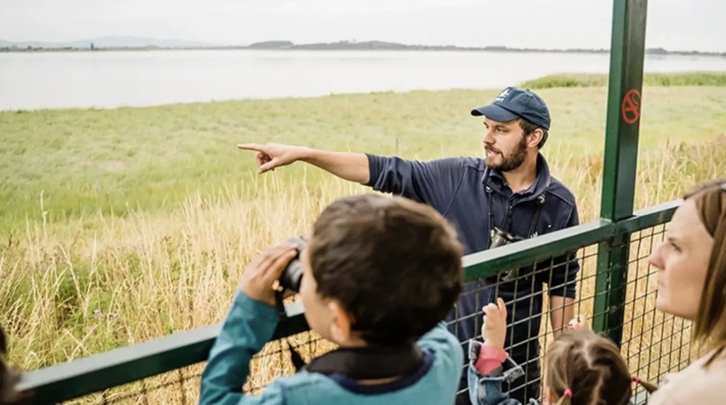 A guide points out birds to children using binoculars over the reedbeds at Slimbridge Wetland Centre, United Kingdom