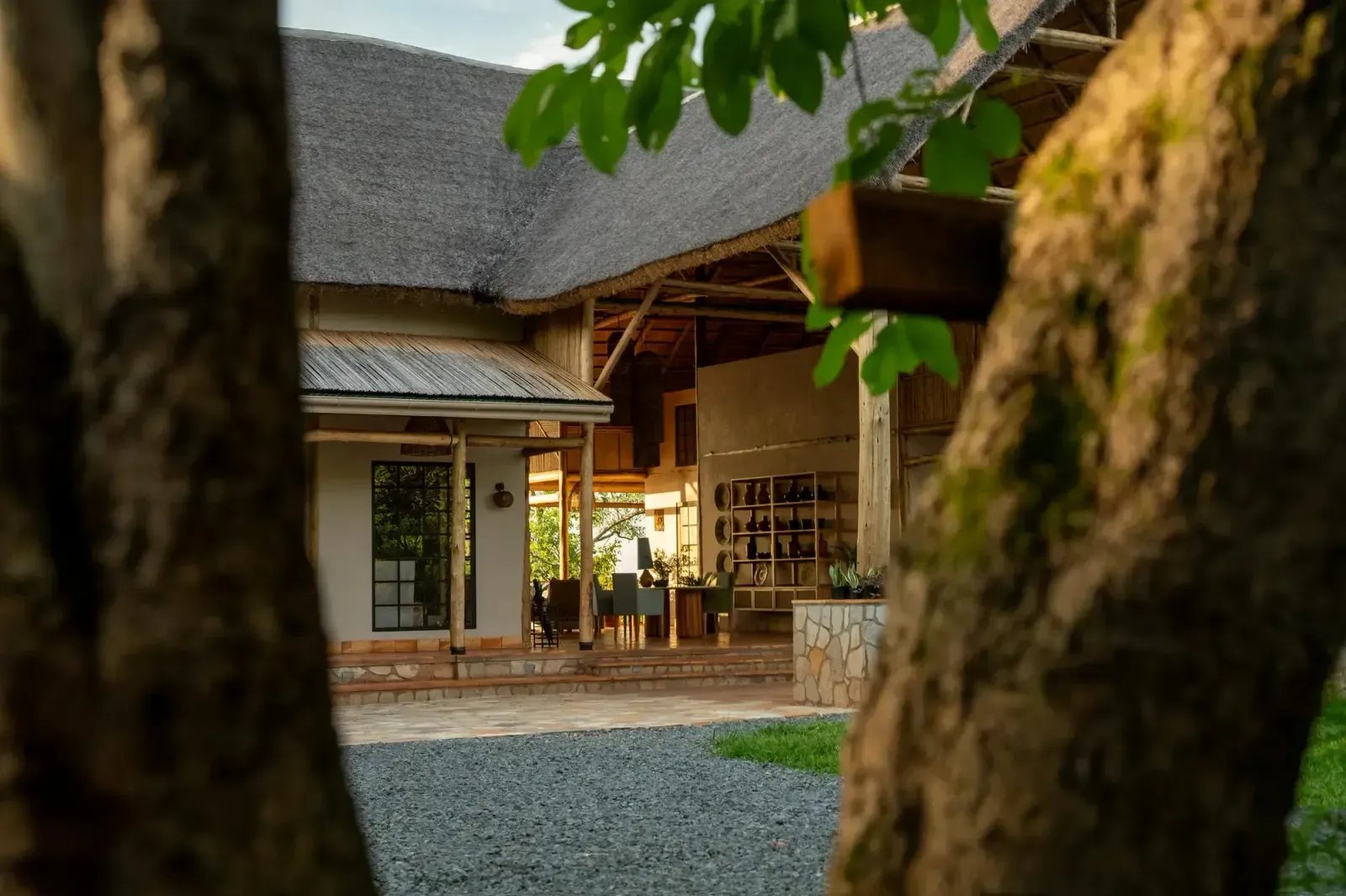 The thatched main lodge building at Pabidi Lodge in Budongo Forest