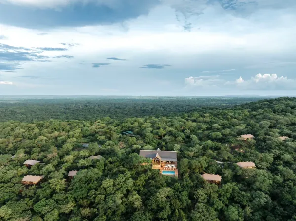 Aerial view of Pabidi Lodge nestled in the canopy of Uganda's Budongo Forest