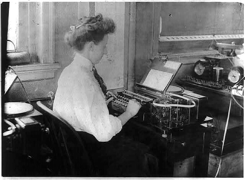 Barclay telegraph instrument. Stamping machine with woman operator |  Library of Congress