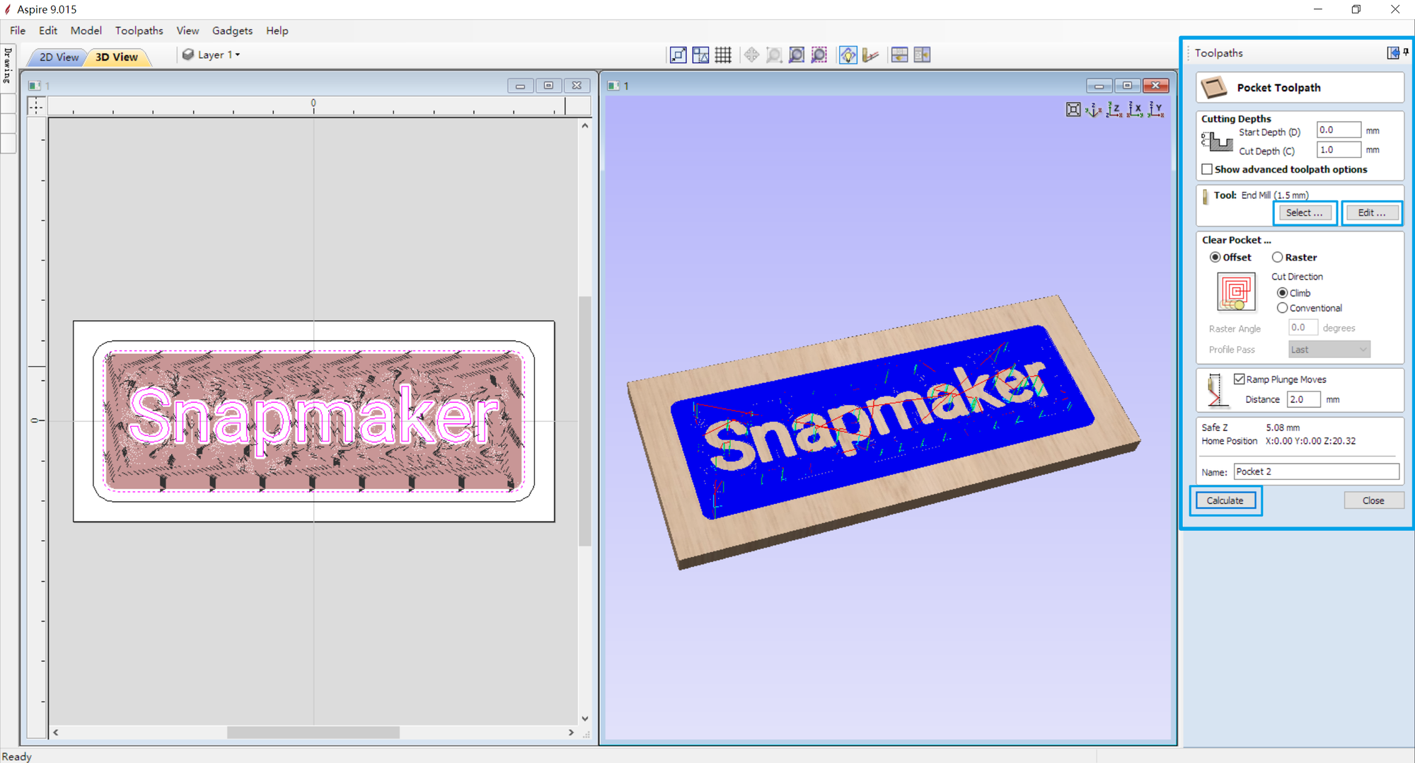 click&nbsp;Calculate&nbsp;to generate toolpaths