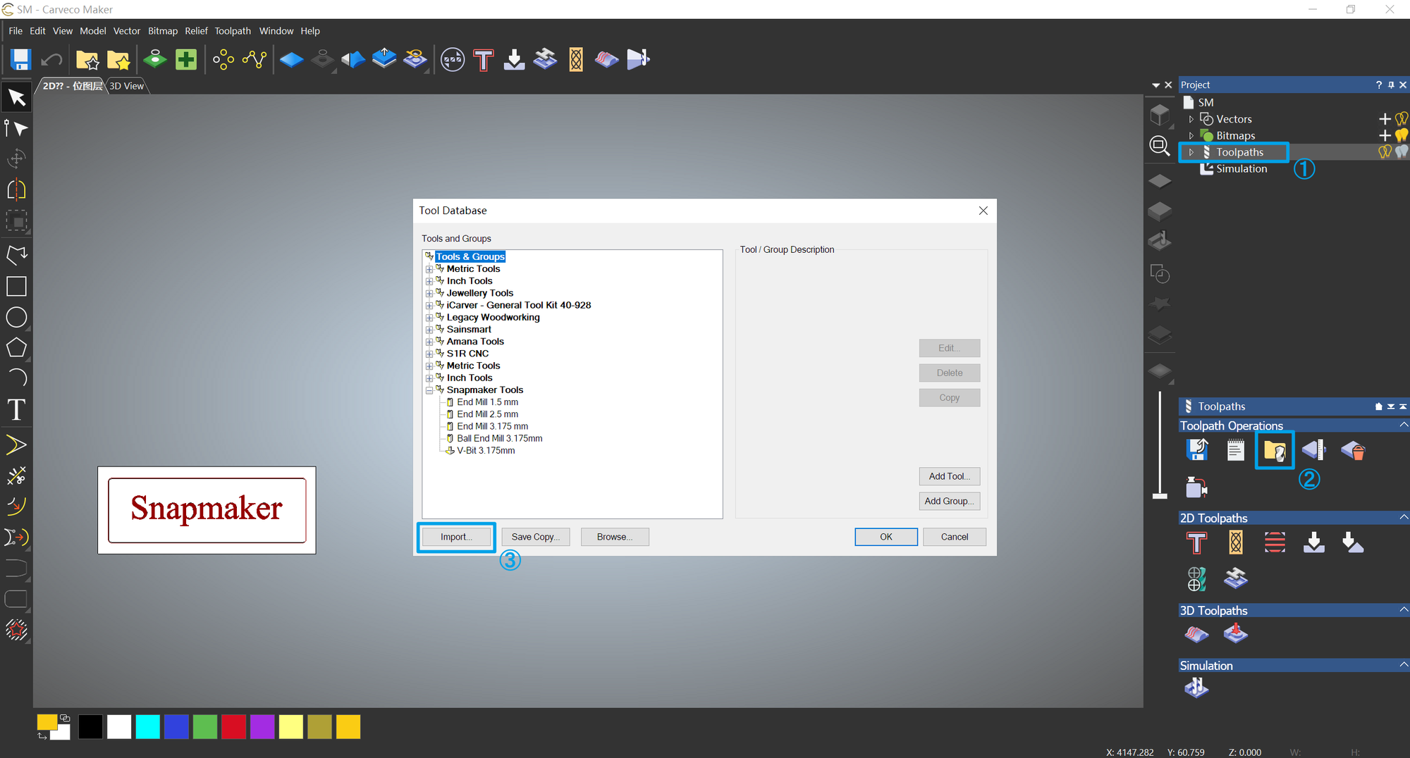 click&nbsp;Import..,&nbsp;select the&nbsp;.tdb&nbsp;file in the ArtCAM folder of the&nbsp;post and tool library, and click&nbsp;Open