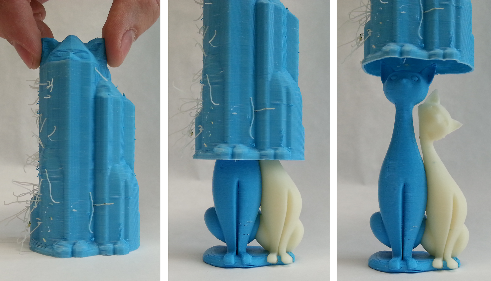 A 3D printed cat model using a prime tower — printing another object concurrently with the main print, giving oozing or leaking inactive nozzles a place to purge material instead of on the print.
