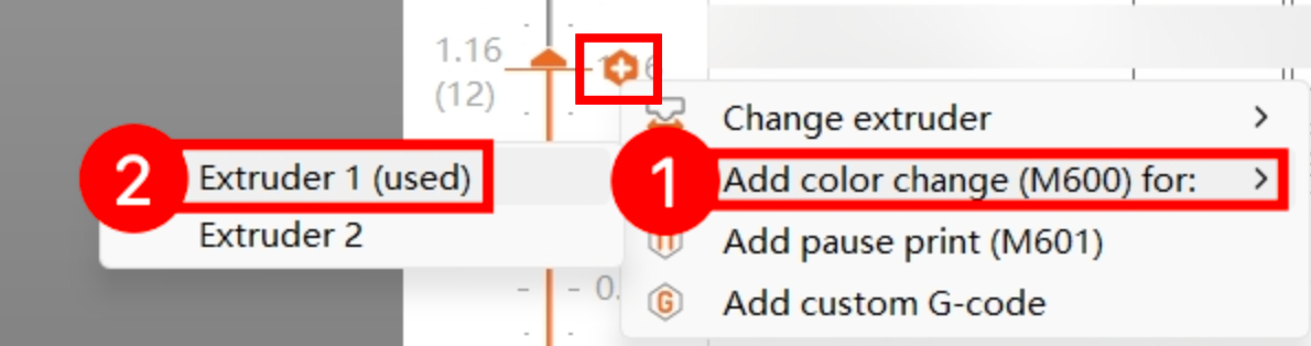 Right click the plus sign that appears beside, click&nbsp;Add color change (M600) for:&nbsp;and select the&nbsp;Extruder 1&nbsp;to add the filament changing command at that layer.