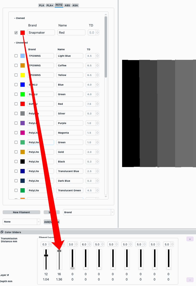 Click and drag the color icon of the newly added filament into the second slider to replace the default grey color.