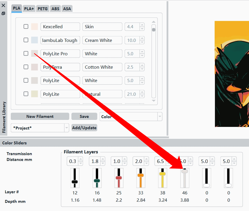 Select the filament used to print the relief.