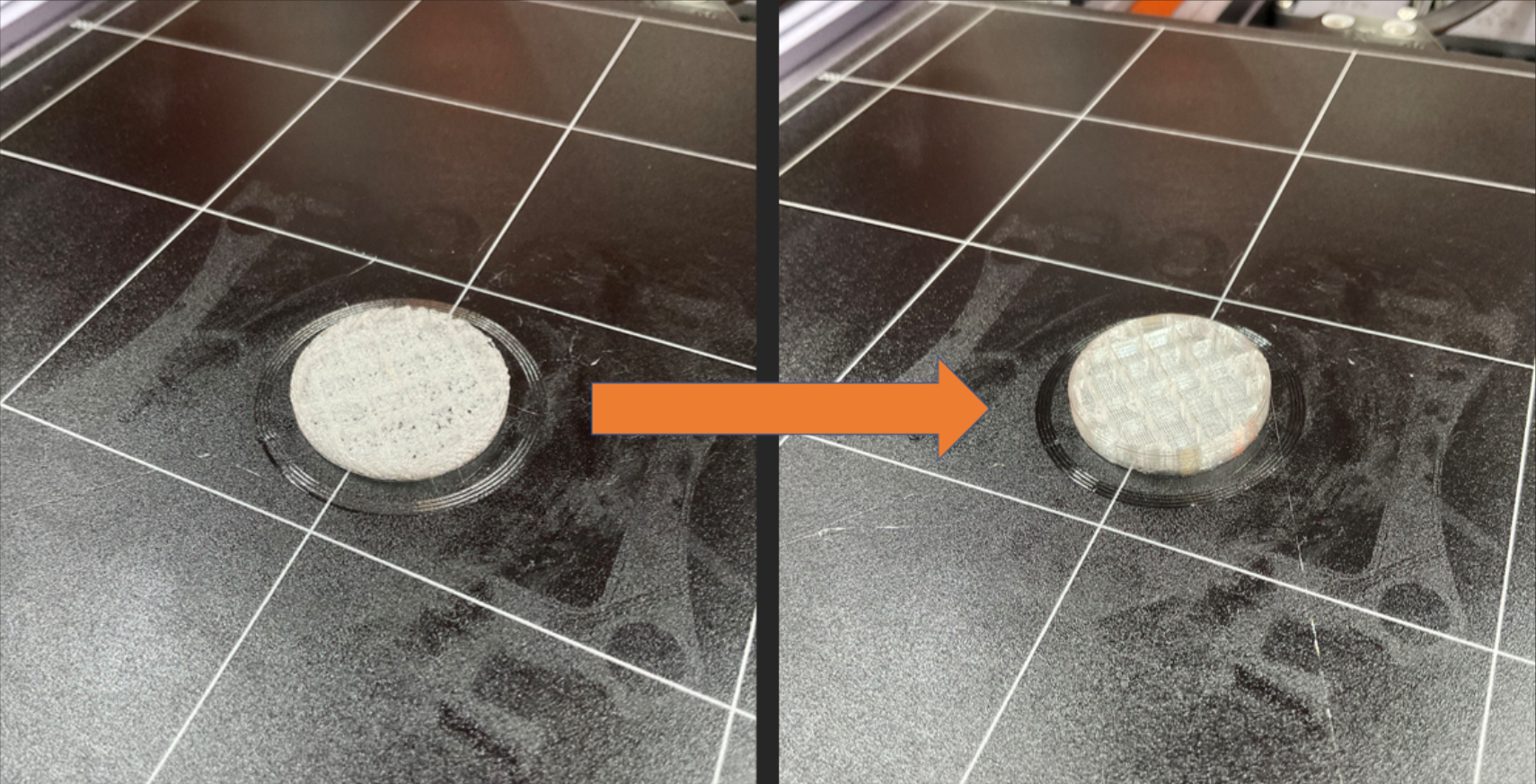 A 3D-printed object on a print bed, displaying a rough, uneven surface with visible bubbles and inconsistent layers, resulting from low extrusion and overly fast retraction