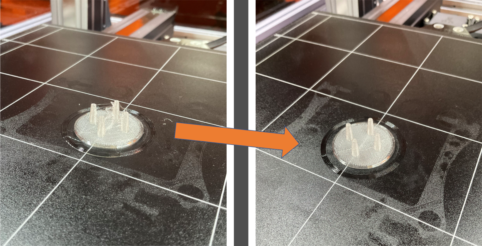 Two images on a 3D printer bed demonstrating the reduction of stringing in TPU printing.