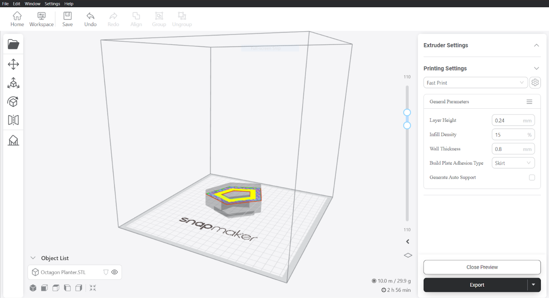 Slicing the hollow planter component in software Snapmaker Luban.