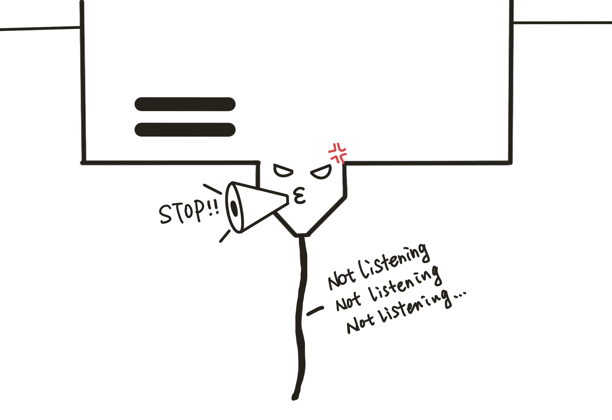 A cartoon illustration of a 3D printer nozzle with an angry face, shouting "STOP!!" and saying "NOT LISTENING... NOT LISTENING..." while extruding filament, depicting issues caused by moisture in filament during 3D printing.