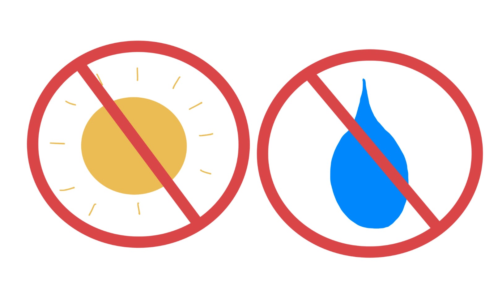 An illustration with two red prohibition symbols: one over a yellow sun with rays, indicating "no sunlight," and the other over a blue water droplet, indicating "no moisture," highlighting proper filament storage conditions.