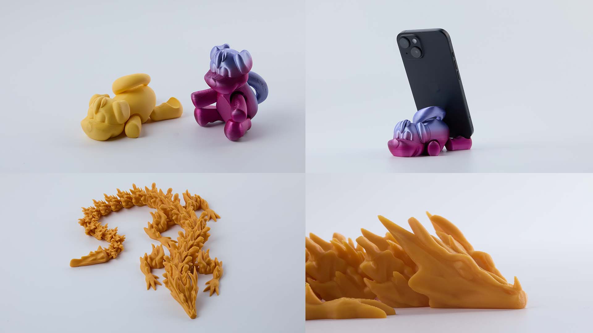 Four views of 3D-printed items. Top left: yellow articulated dog figure lying down. Top right: purple-blue dog figure holding a smartphone. Bottom left: orange articulated dragon, coiled. Bottom right: close-up of the dragon's spiny head.