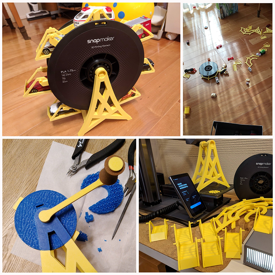 A Ferris wheel garage (recycled filament spool) for toy cars. The contestant's son loved it! Check out monohoshi's blog to see it in action and learn how to make one yourself!
