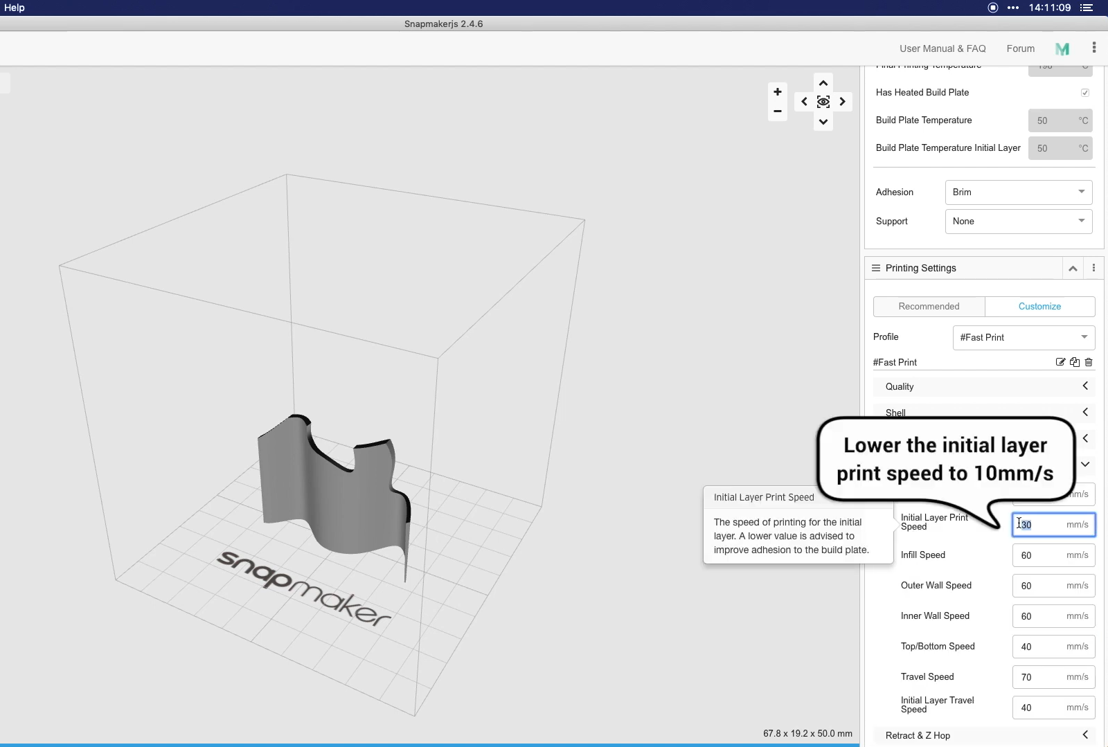 Snapmaker software settings illustrating how to lower the initial layer print speed to 10mm/s for better first layer quality.