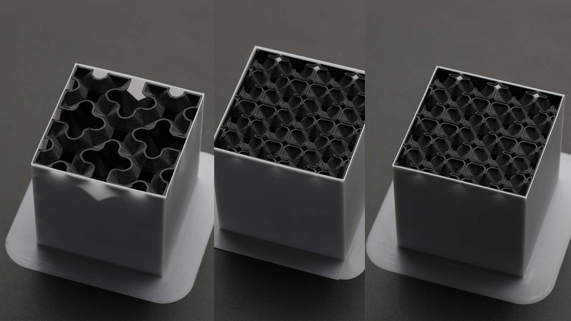 different infill patterns inside a test cube.