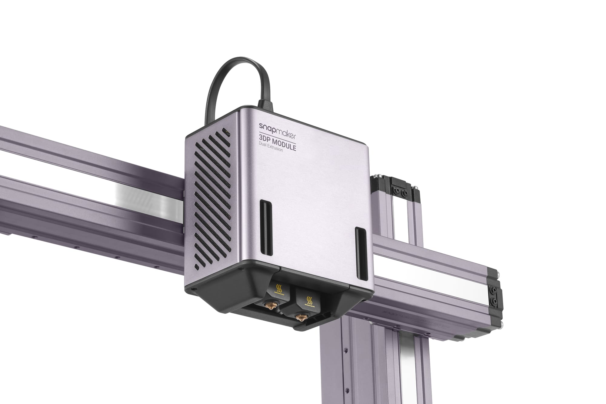 The Snapmaker Dual Extrusion module mounted on a 3D printer's gantry, an example of a extruder system that enables high-quality prints.