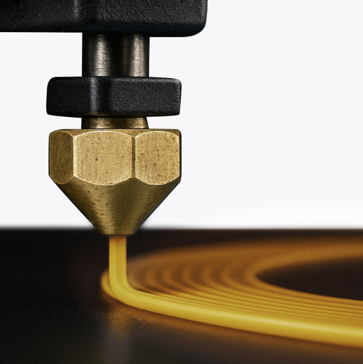 A macro shot of a brass 3D printer nozzle extruding a perfect first layer of yellow PLA filament, illustrating the importance of correct bed temperature.