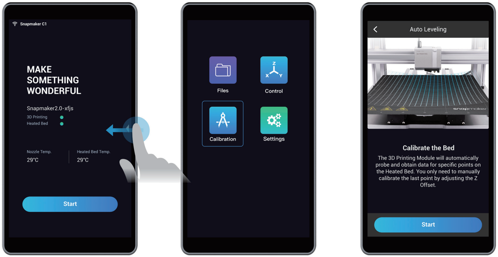 A three-panel image demonstrating how to start bed leveling in the Snapmaker app. The first panel shows swiping left on the main screen, the second shows selecting the 'Calibration' icon from the menu, and the third shows the 'Auto Leveling' screen, ready to begin the process.