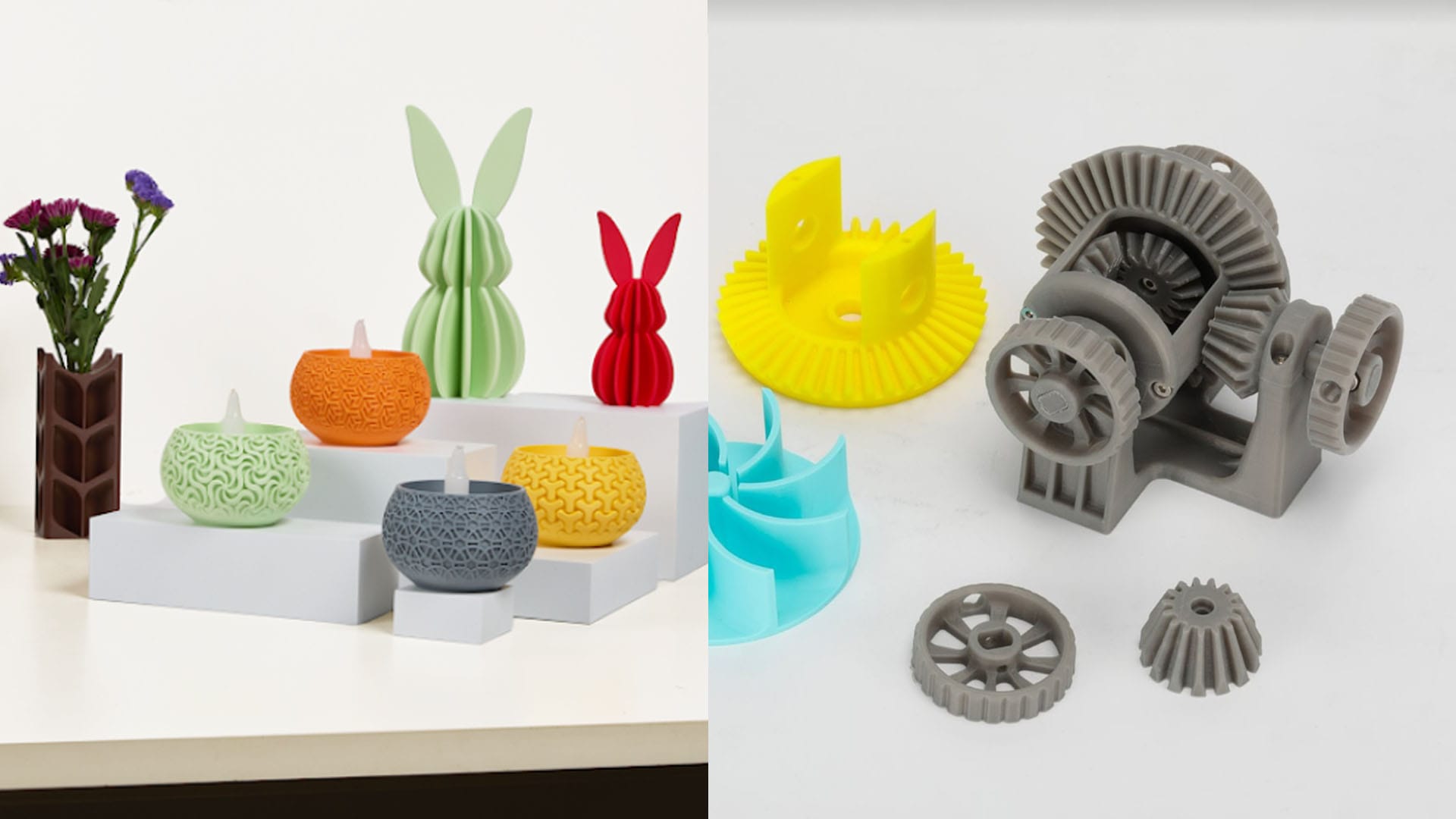 A side-by-side comparison of 3D printed objects, with detailed decorative bunnies on the left and strong functional gears on the right.