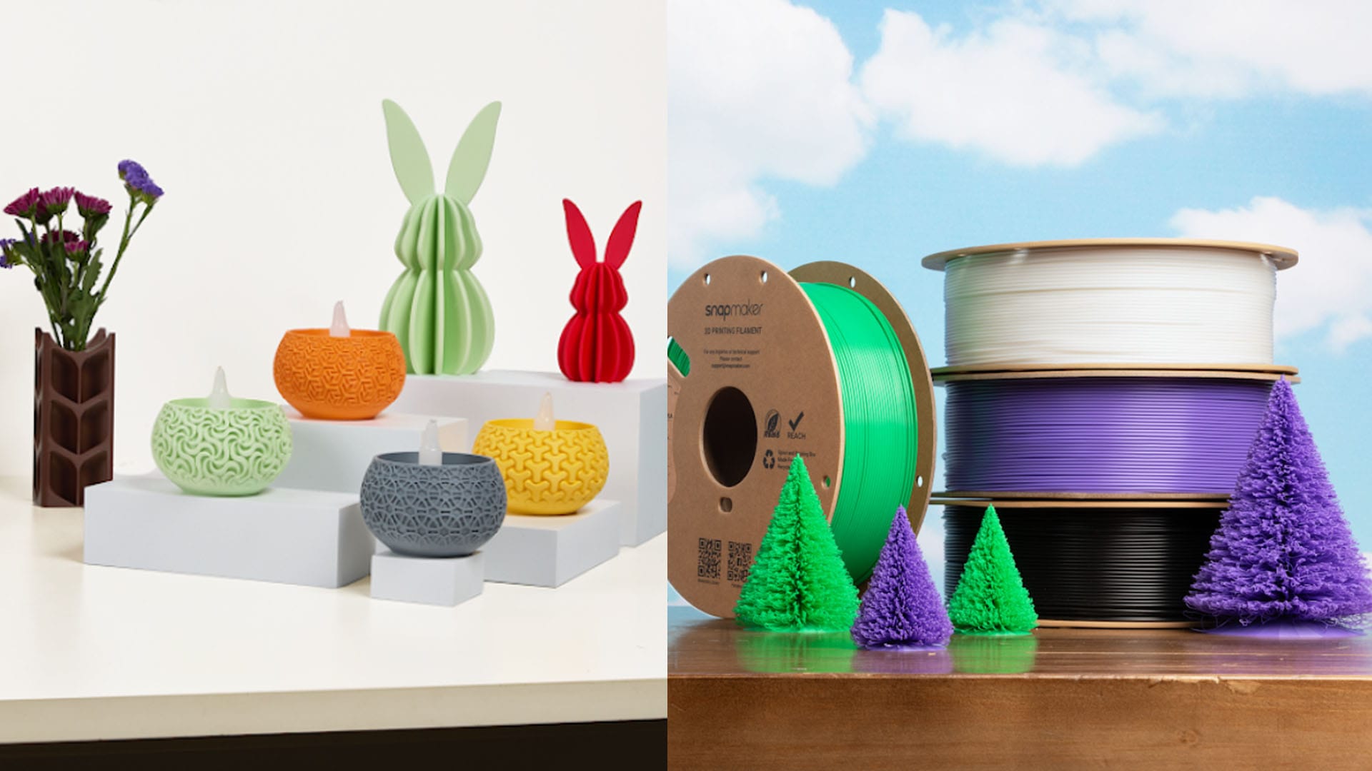 A split image showing spools of colorful 3D printer filament on one side and a collection of high-quality finished 3D printed objects on the other.