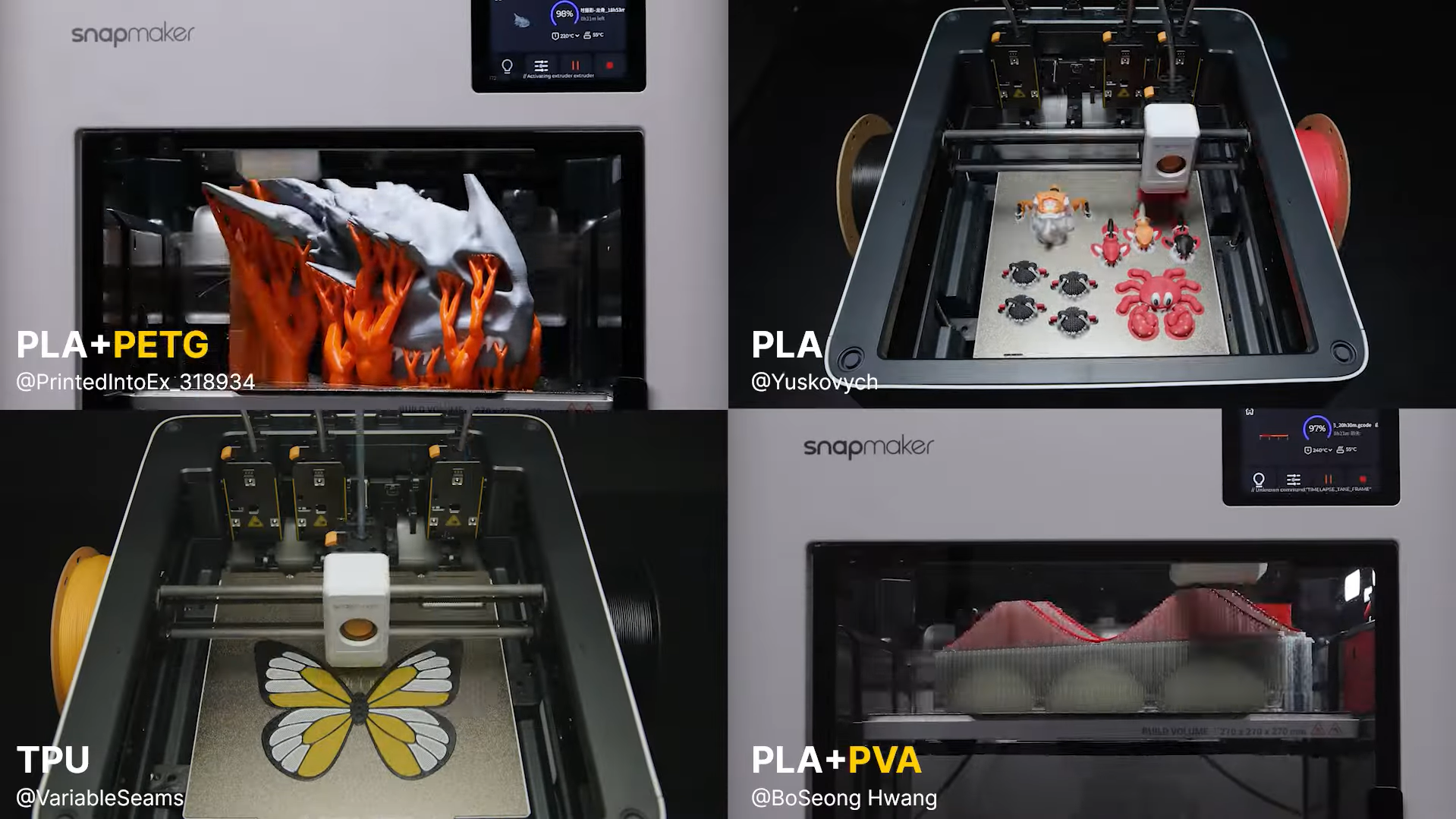 A four-panel collage showcasing a tool changer 3D printer's versatility, including a PLA+PETG model, multi-color TPU print, and a complex PLA part made with PVA soluble supports.
