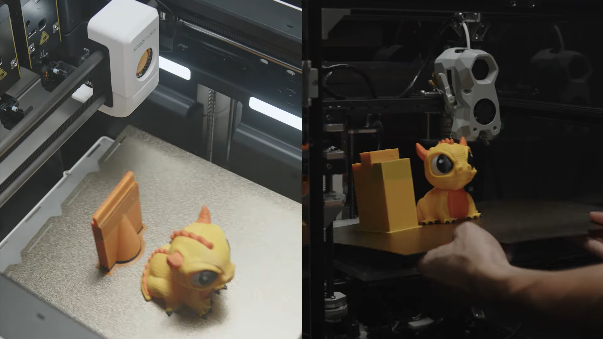 A split-image comparing a traditional 3D printer needing a large purge tower with a modern tool-changing system that prints the same model without waste.