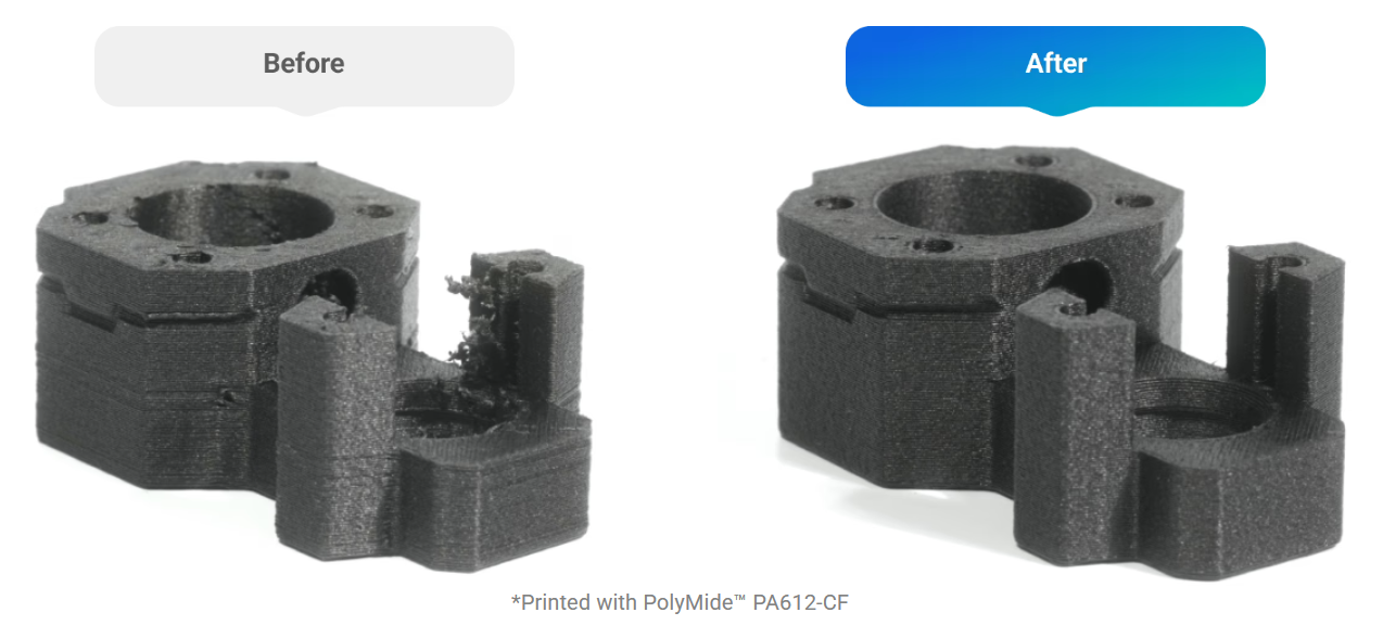 A before-and-after comparison showing a poor quality 3D print from wet filament next to a clean, high-quality print made with properly dried filament.