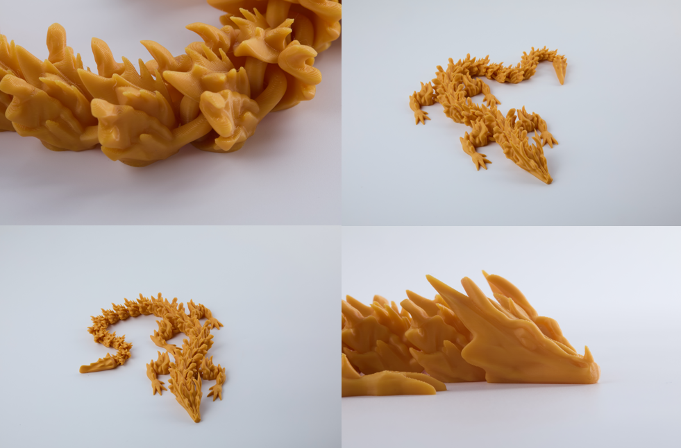 A collage showing multiple angles of a gold articulated dragon, a popular model used to demonstrate successful print-in-place 3D printing.