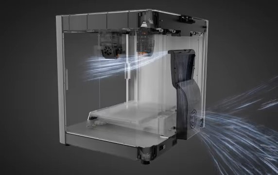 A diagram of a 3D printer enclosure with an airflow animation showing how a rear-mounted cooling fan with a narrow duct blows air to cool prints and regulate temperature.