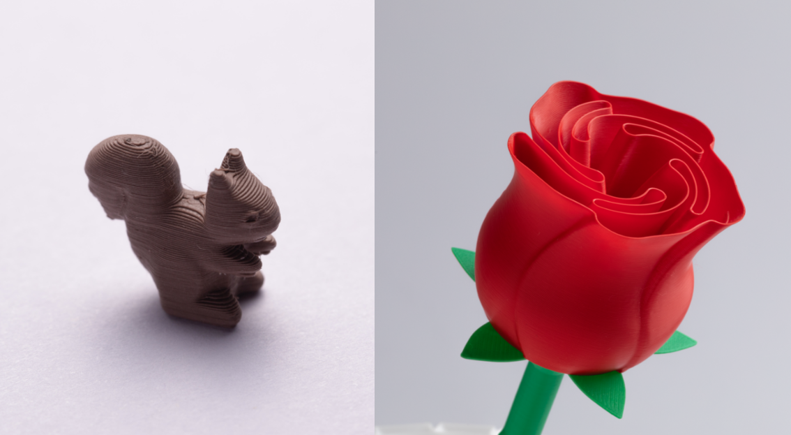 A quality comparison showing a 3D-printed squirrel with rough, visible layer lines on the left and a 3D-printed rose with a perfectly smooth finish on the right.