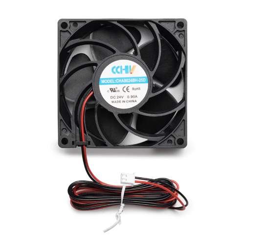 A studio product shot of a black, square exhaust fan with red and black wires.