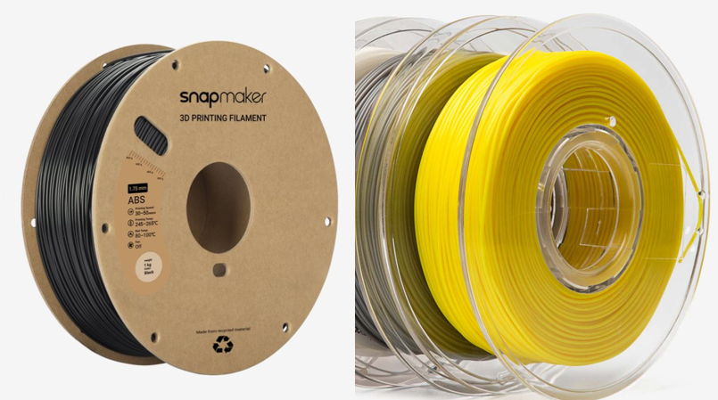 A side-by-side comparison showing a cardboard 3D printer filament spool next to a clear plastic spool, illustrating a common reason for respooling.
