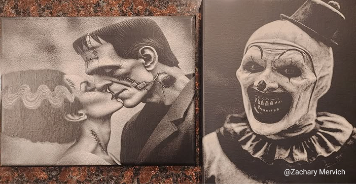 Two laser-engraved wooden tiles, one depicting Frankenstein and his bride kissing, and the other showing a creepy clown.