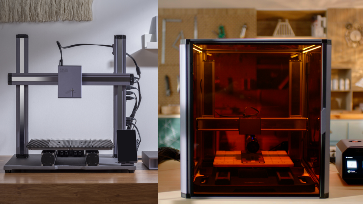 A side-by-side comparison showing an open-frame 3D printer on the left and a fully enclosed 3D printer on the right