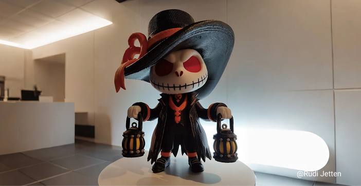 A charming 3D printed figurine with a skeletal face, wearing a wide-brimmed black hat with an orange ribbon and holding two glowing lanterns.