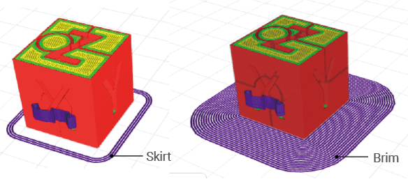 A side-by-side view in 3D slicing software showing a calibration cube with a disconnected skirt outline on the left, and another cube with an attached brim layer on the right.
