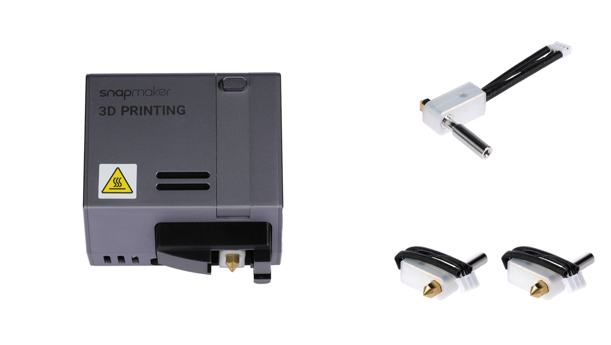 A Snapmaker 3D printing module is shown next to several replacement nozzle and hot end assembly components.