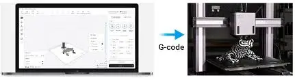 3D printing workflow showing slicer software generating G-code sent to FDM printer.