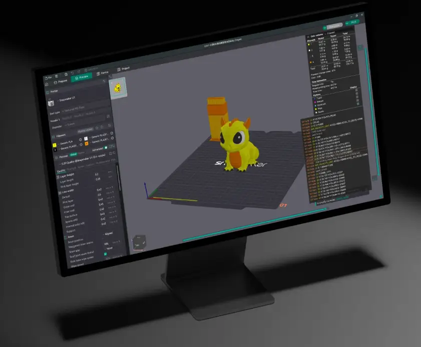 Snapmaker Orca slicing software interface previewing a multi-color 3D model for FDM printing.