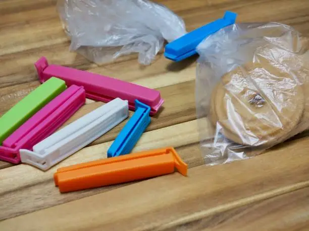 Colorful 3D printed bag clips, practical home helpers to keep food bags sealed and fresh.
