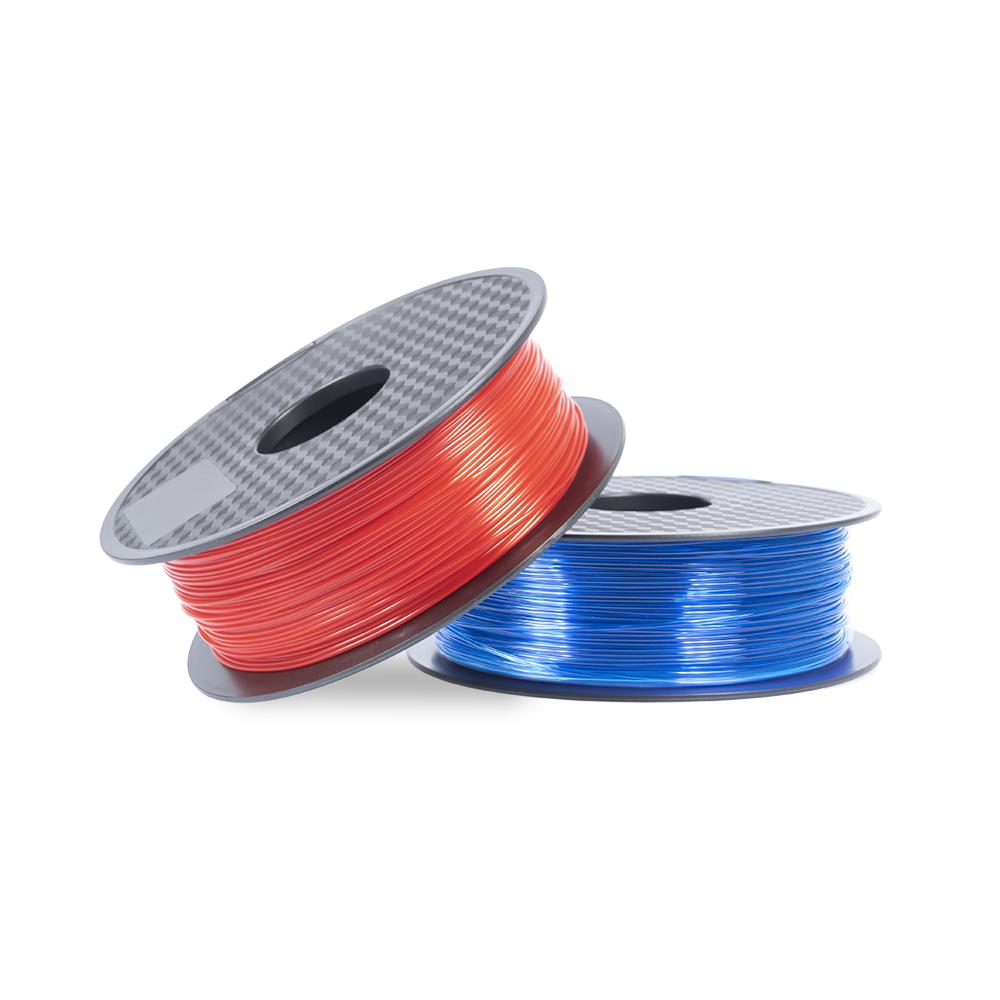 Transparent red and blue PETG 3D printing filament spools, ideal for printing strong, flexible, load-bearing pegboard hooks and heavy-duty accessories.
