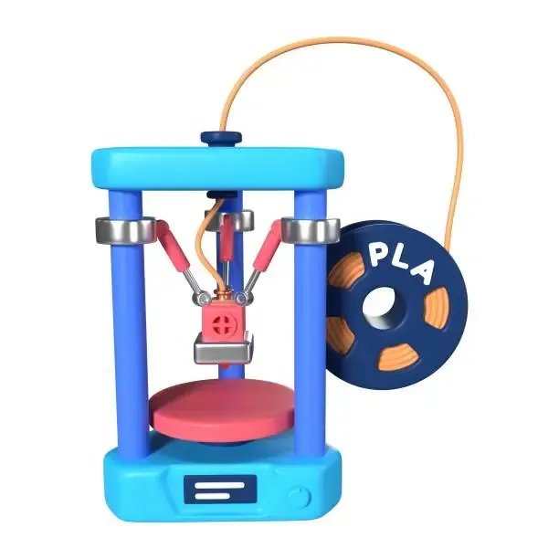 Cartoon-style Delta 3D printer illustration with a PLA filament spool, showing the three-arm suspension mechanism.