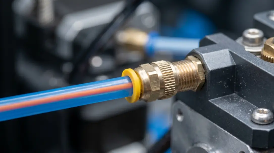 Filament passing through a premium PTFE Bowden tube and pneumatic coupler.