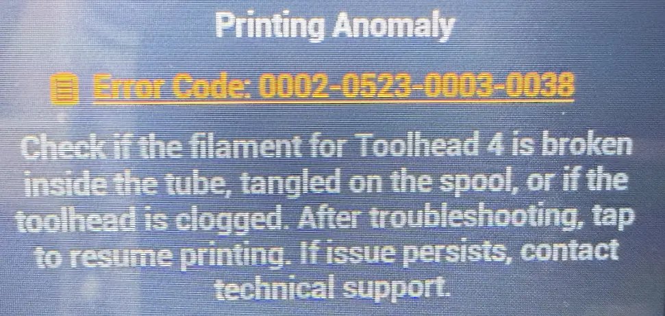 Snapmaker U1 3D printer touchscreen showing printing anomaly error code 0002-0523-0003-0038 for air printing detection.