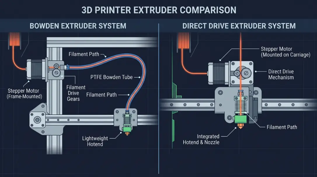 The fundamental difference between Bowden and direct drive systems lies in the location of the extruder motor.