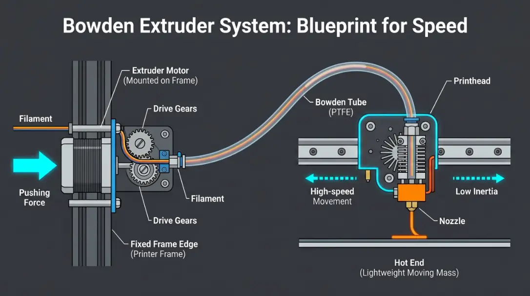 Diagram explaining what a Bowden extruder system is and how it works.