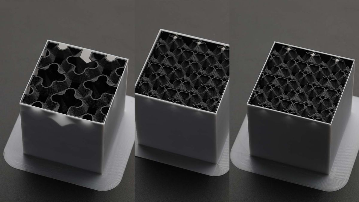 3D printed test cubes with different infill patterns, used for destructive stress testing to verify the strength of PLA adhesive bonds.