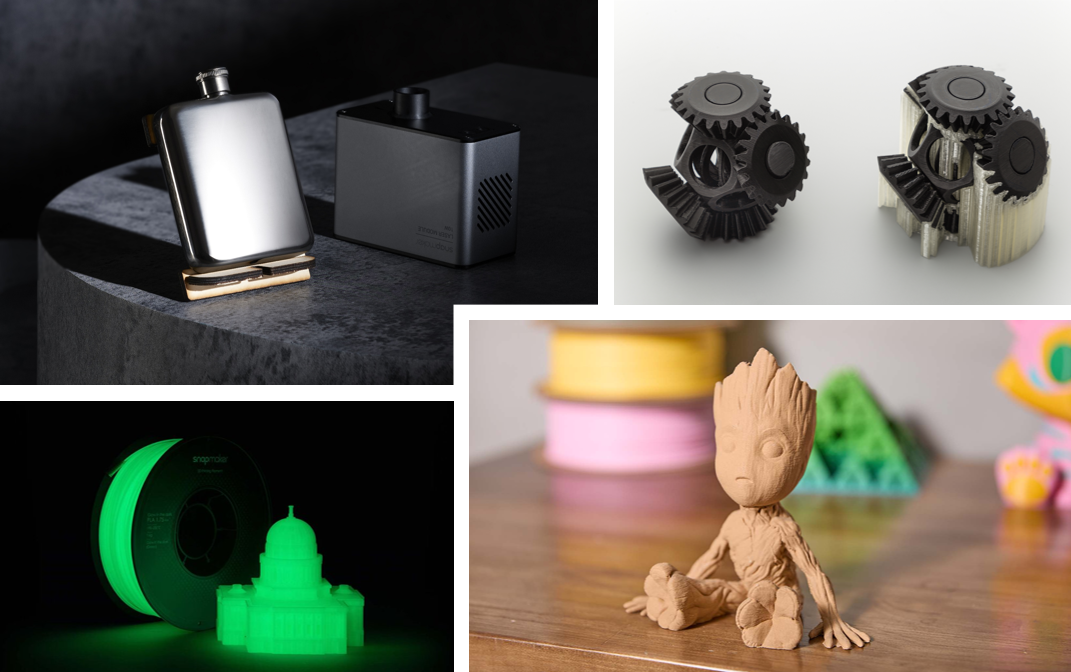Collage of 3D printed parts made from different filaments (ABS, PETG, TPU) to illustrate bonding methods beyond PLA.