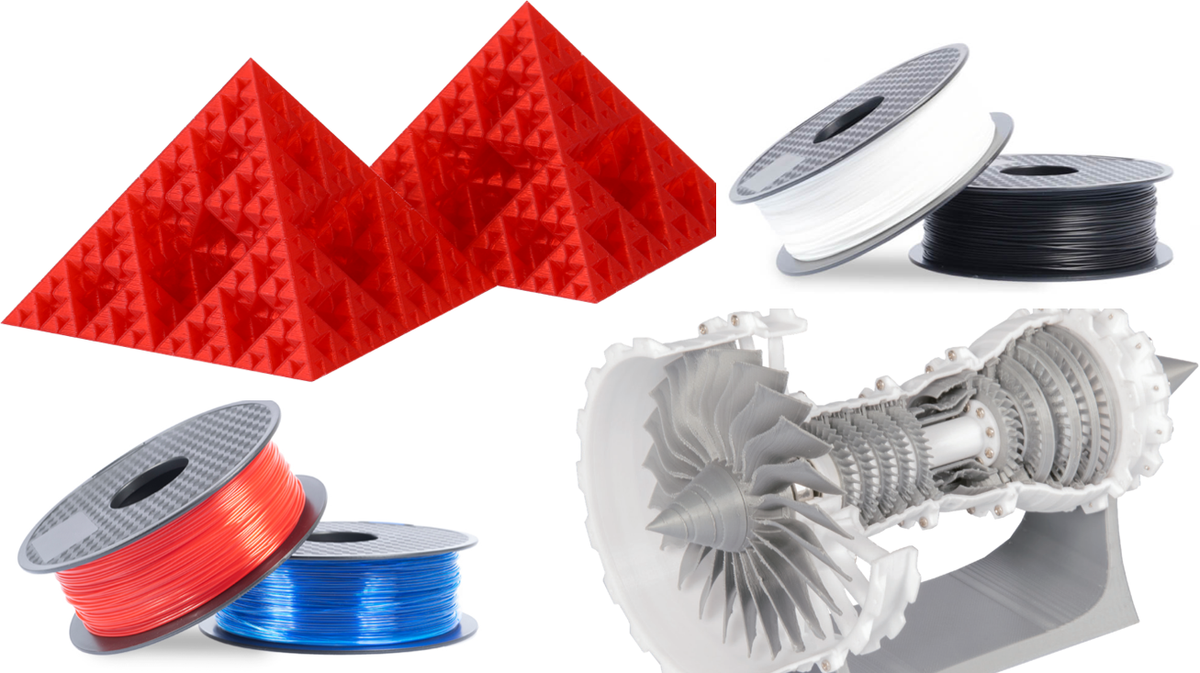 Clear PETG filament spools and 3D printed parts showing transparency.