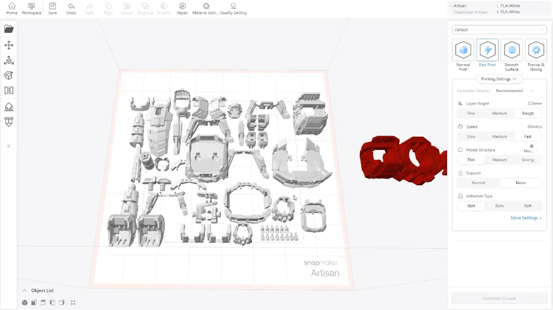 Snapmaker Luban slicer interface showing nozzle and print setting adjustments.